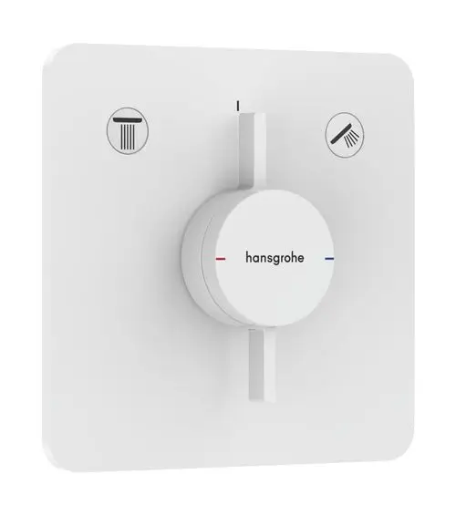 Weißer Wandmischer von Hansgrohe mit einem zentralen Drehknopf zur Steuerung für zwei unterschiedliche Verbraucher, erkennbar an Symbolen für Dusche und Wasserhahn.